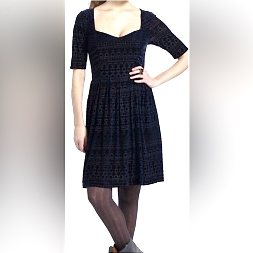 Anthropologie Meadow Rue Velvet Dress Low Cut Geo-Burnout Midnight Blue Size XS